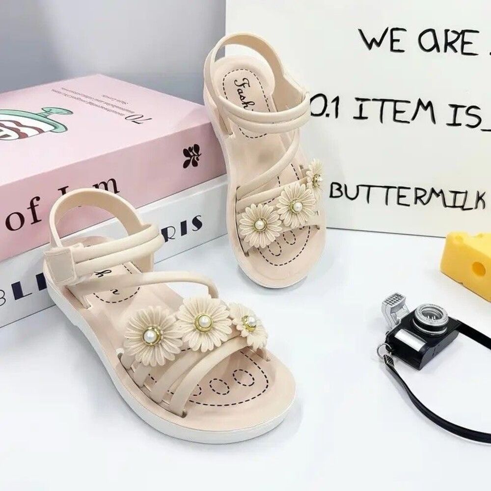 Girls PVC Sandals Size 12 Beige Floral Pearl Non-Slip Summer Shoes Hook & Loop - Picture 10 of 16